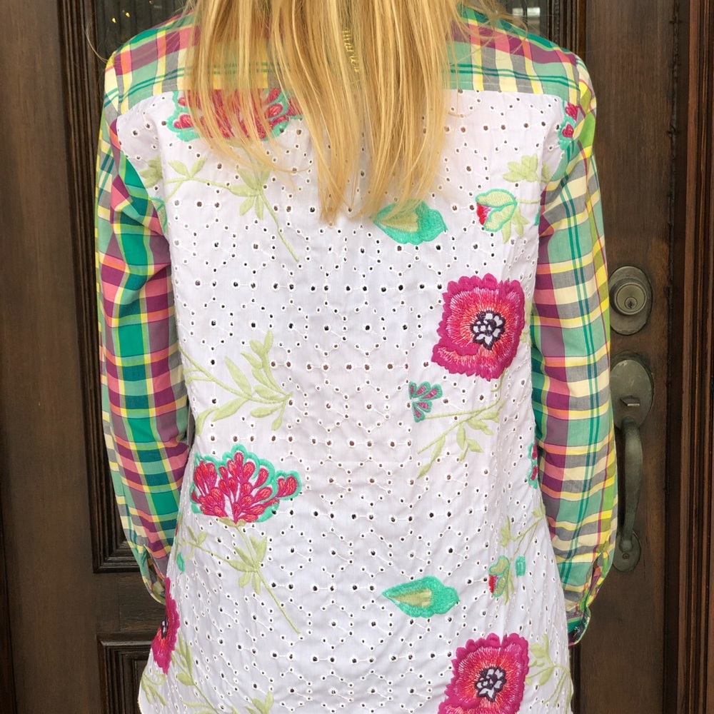 Fun & Funky Sharon Young Embroidered & Plaid Top